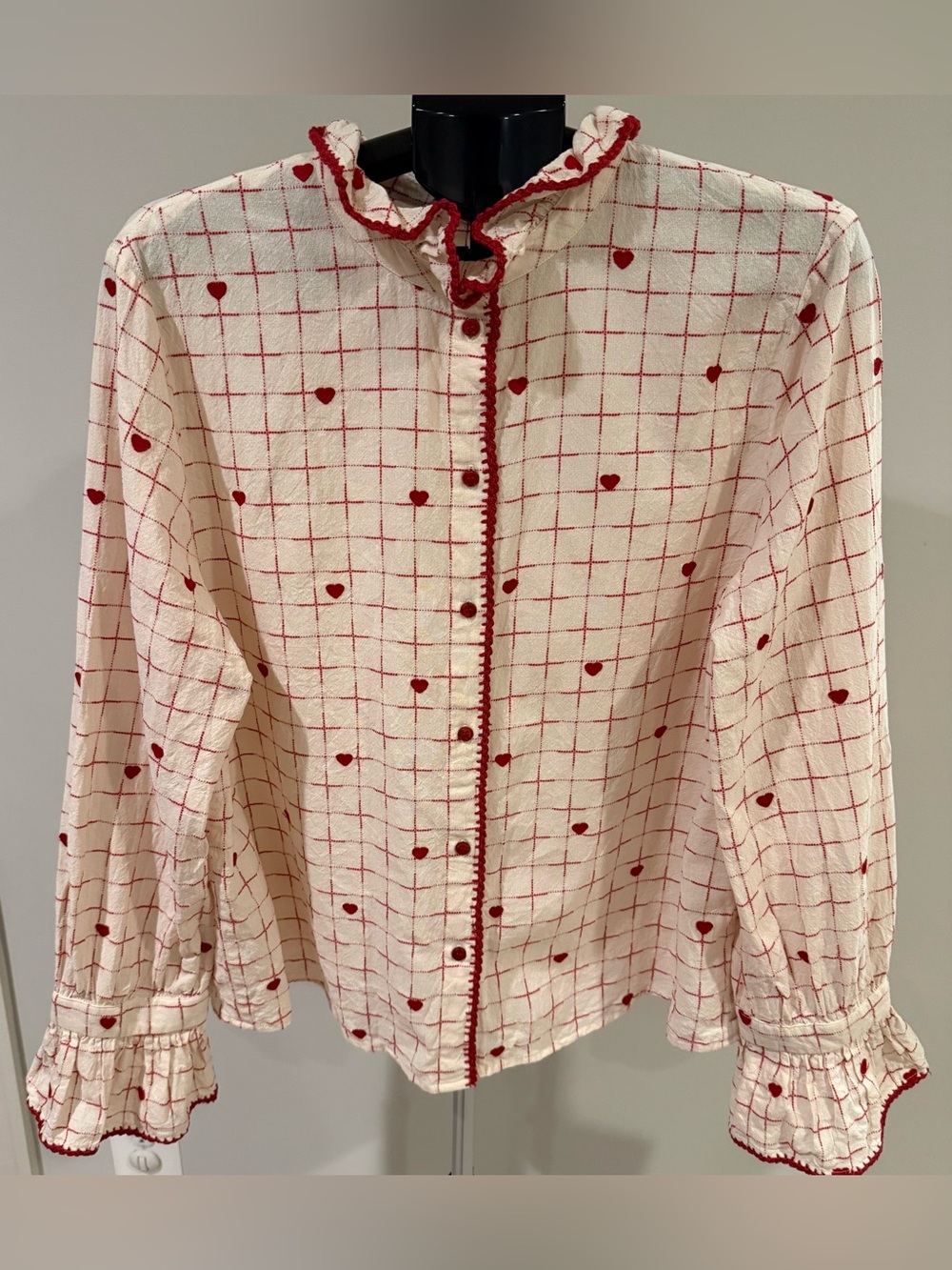 Sezane Lise Blouse Hearts Checks Red Ecru GUC Size 14